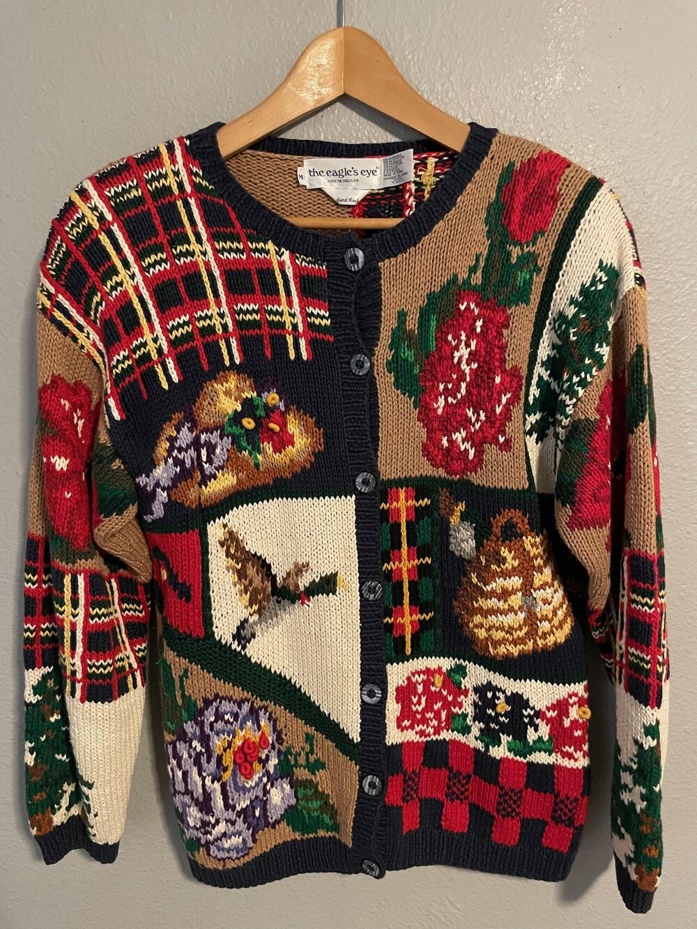 Vintage The Eagle's Eye Sweater Cardigan Women Medium Christmas Bird Nature 1991